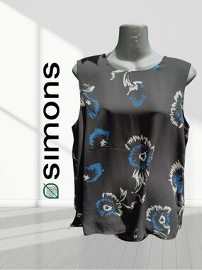 3👚/ 25$ -Simons Black Floral Sleeveless Camisole with Blue Accents | Medium